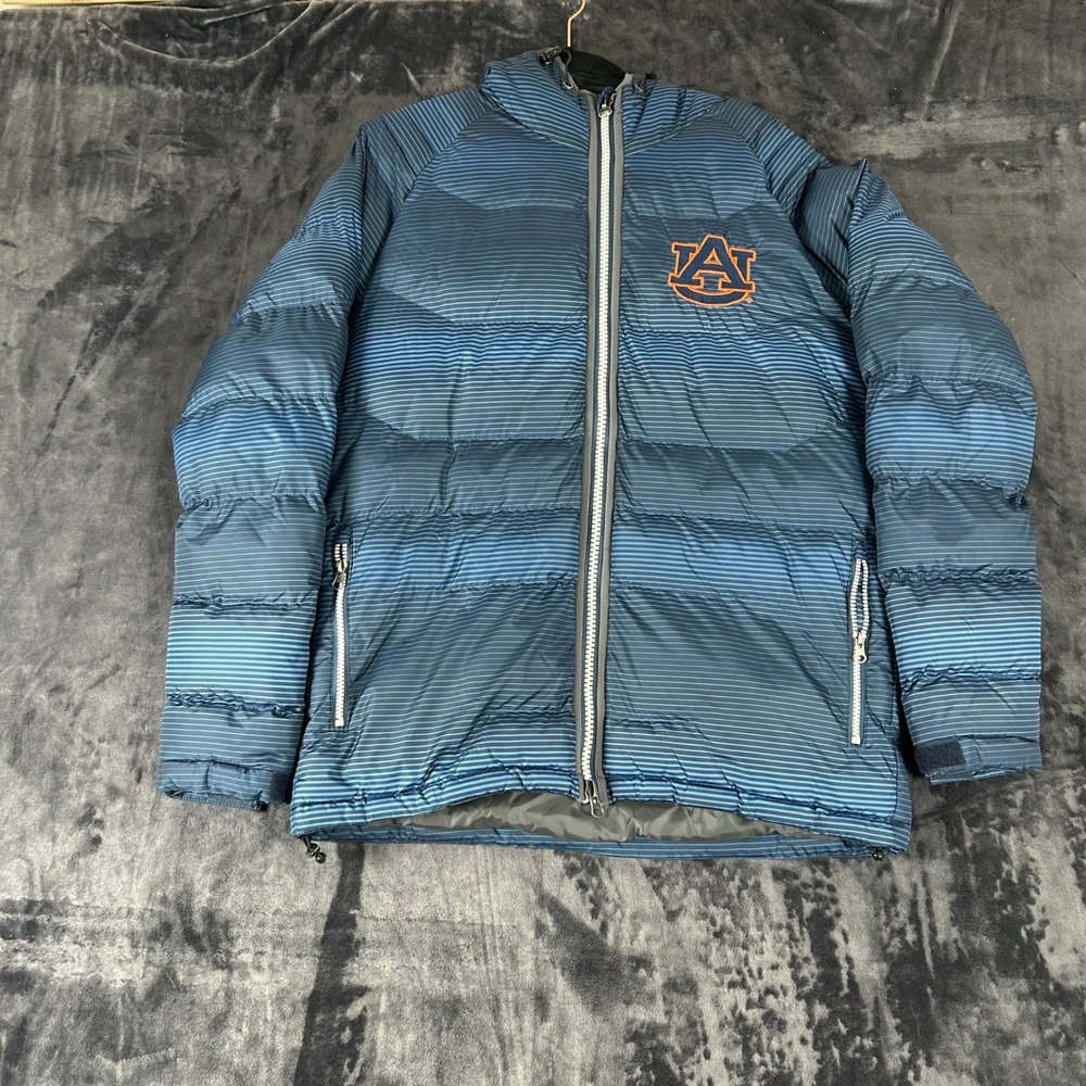 Box Seat Puffer Jacket Mens Medium Blue Auburn Tigers Hooded Full Zip Quilted